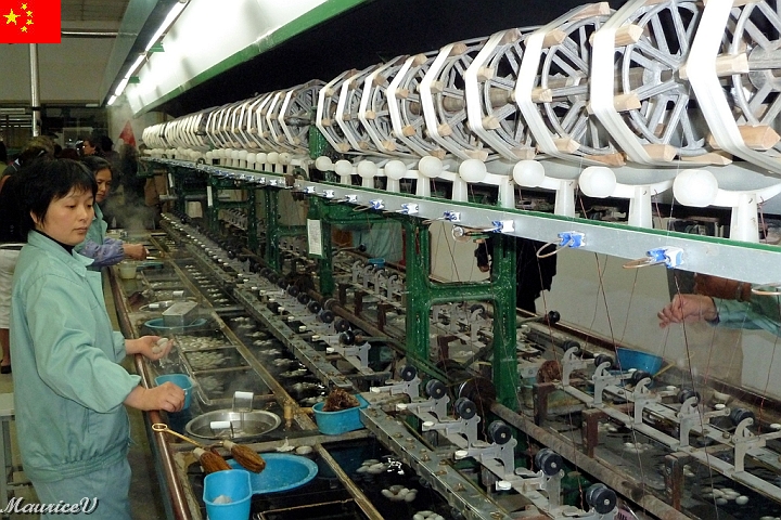 Shanghai-966.jpg - Les cocons sont chauffés puis plongés dans un bassin rempli d’eau chaude, ensuite l'employé cherche l’extrémité du fil du concon et le déroule à l’aide d’une petite roue.